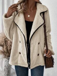 SHEIN LUNE Contrast Binding Double Breasted Teddy Coat - Apricot - View 1