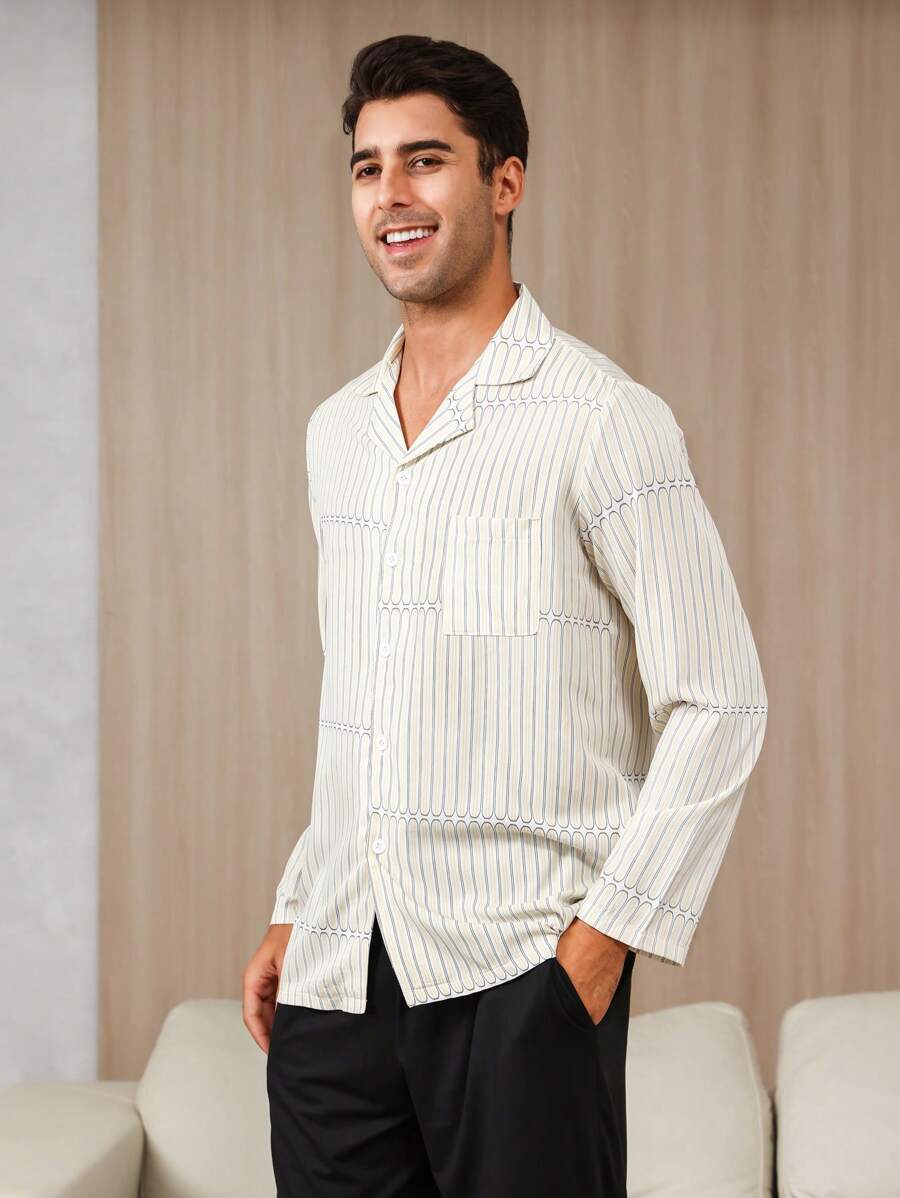 Men Striped Print Pocket Patched Sleep Top - Beige - View 1