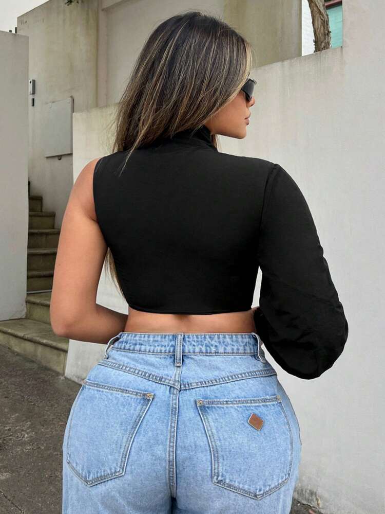 Solid Color One Shoulder Zip Women's Cropped Jacket