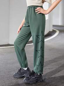 SHEIN 女大童星星印花彈性腰帶衛褲 - 軍綠色 - 查看 4