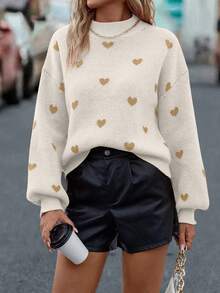 SHEIN LUNE Heart Pattern Mock Neck Drop Shoulder Sweater - White - View 3