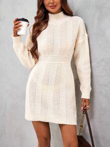 SHEIN Clasi Mock Neck Drop Shoulder Sweater Dress Fall Cloth For Women - Apricot - View 4