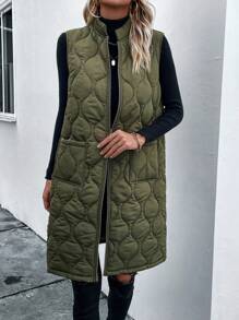 SHEIN LUNE 女士洋葱圈形加垫羽绒背心，双口袋，长款 - 綠色 - 查看 7