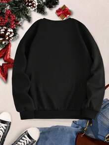 SHEIN LUNE 聖誕圖案加絨內裏運動衫 - 黑色 - 查看 2