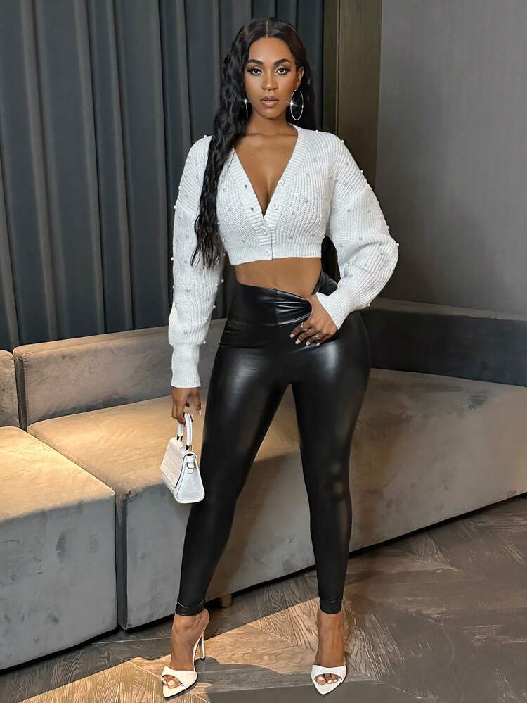 Pearl Detail Drop Shoulder Crop Cardigan
