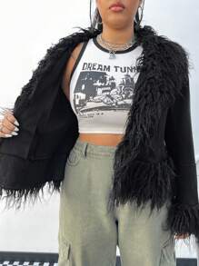SHEIN Coolane Hơn Trang trí Fuzzy Mở Mặt trước Áo khoác - màu đen - Xem 4