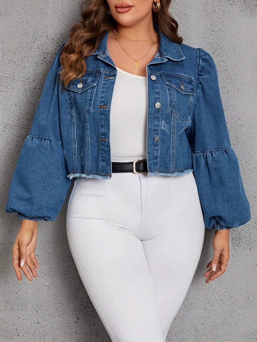 SHEIN LUNE 大碼燈籠袖毛邊緣牛仔夾克 - 中等水洗藍 - 查看 1