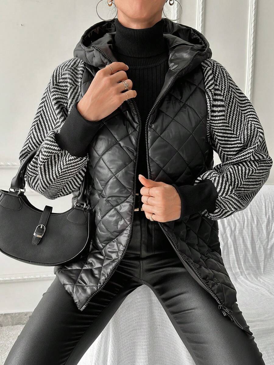 SHEIN 女式連帽棉衣,拼接袖子設計 - 黑色 - 查看 1