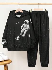 SHEIN Conjunto Informal De Sudadera Con Capucha Y Pantalones Con Estampado De Astronauta Para Niños