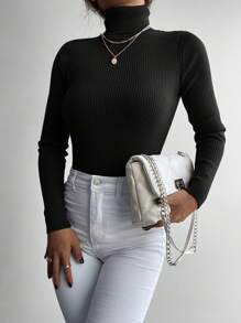 RueChic Jersey unicolor cuello alto tejido de canalé