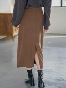 FRIFUL High Waist Split Hem Skirt,Pencil Skirt Fall,Winter - Camel - View 6