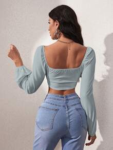 SHEIN Unity Tay áo lồng đèn Top Cây trồng - Màu xanh lam - Xem 2