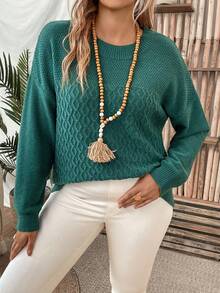 SHEIN LUNE 大碼落肩袖套頭毛衣 - 墨綠色 - 查看 3