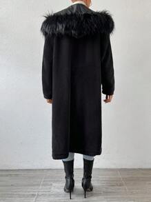 SHEIN Clasi 毛茸邊連帽雙口袋落肩袖開門襟外套 - 黑色 - 查看 2