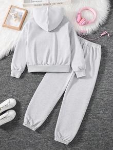 SHEIN Explorewe Cô gái Tween Teddy Gấu & Lá thư In Hoodie Và Quần Chạy bộ - Màu Xám nhạt - Xem 2