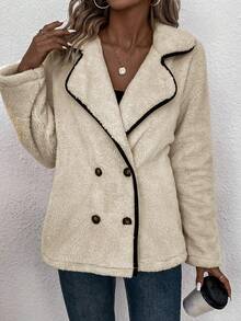 SHEIN LUNE Contrast Binding Double Breasted Teddy Coat - Apricot - View 6