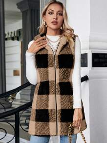 SHEIN Essnce Buffalo Plaid Pattern Hooded Teddy Vest Coat - Khaki - View 4