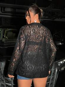 Flirla Plus Cold Shoulder Lace Blouse Without Bra - Black - View 2