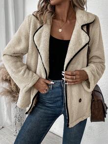 SHEIN LUNE Contrast Binding Double Breasted Teddy Coat - Apricot - View 4