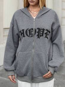 SHEIN EZwear Women's Dark Grey Letter Graphic Zip Up Hoodie,Drop Shoulder Thermal Lined Drawstring Sweatshirt,Autumn Streetwear Everyday Back-To-School Outfits - Dark Grey - View 4