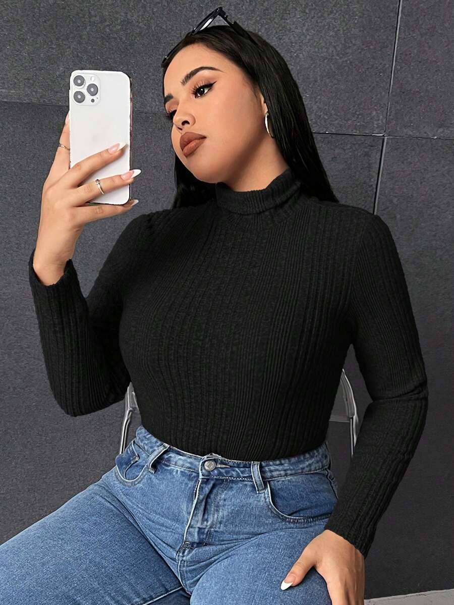 SHEIN EZwear Plus Mock Neck Ribbed Knit Bodysuit - Black - View 1