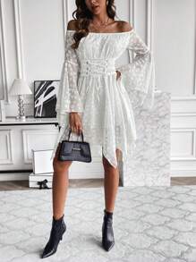 SHEIN Unity Off Shoulder Lace Up Front Trumpet Sleeve Dress - White - View 4