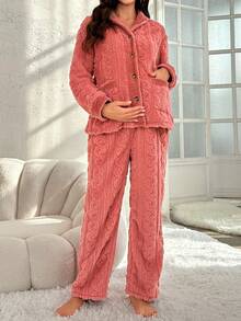 SHEIN Thai sản Thả vai Flannel Áo & Vòng eo có thể điều chỉnh Quần Bộ giản dị - Bụi hồng - Xem 4