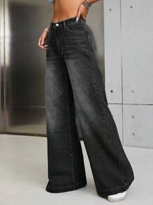 SHEIN ICON Rửa thuốc tẩy quần ống rộng Quần jean - màu đen - Xem 4