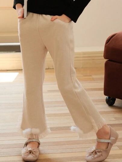 Young Girl Solid Slant Pocket Contrast Frill Hem Pants