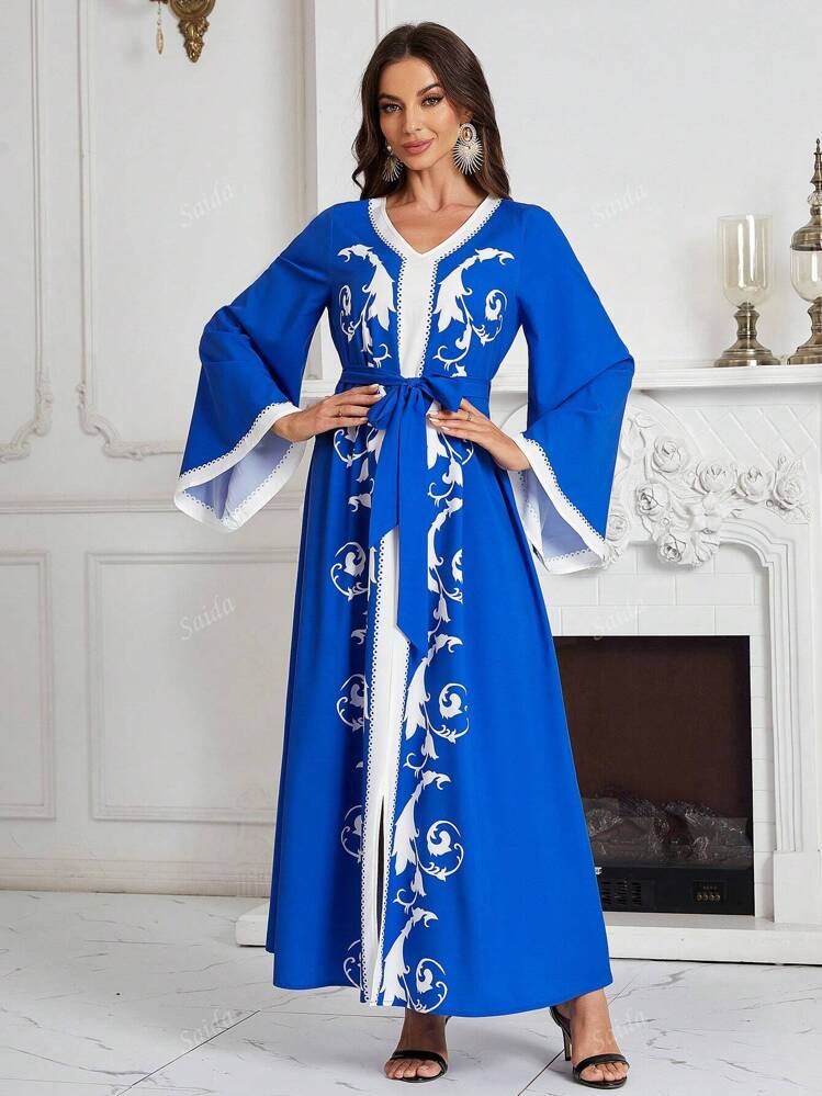 Floral Print Flare Sleeve Belted Dress SHEIN