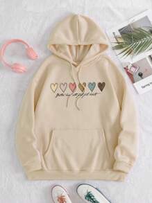 SHEIN EZwear Áo nỉ giữ nhiệt cỡ lớn in hình trái tim, có túi kangaroo và dây rút. - Màu be - Xem 1