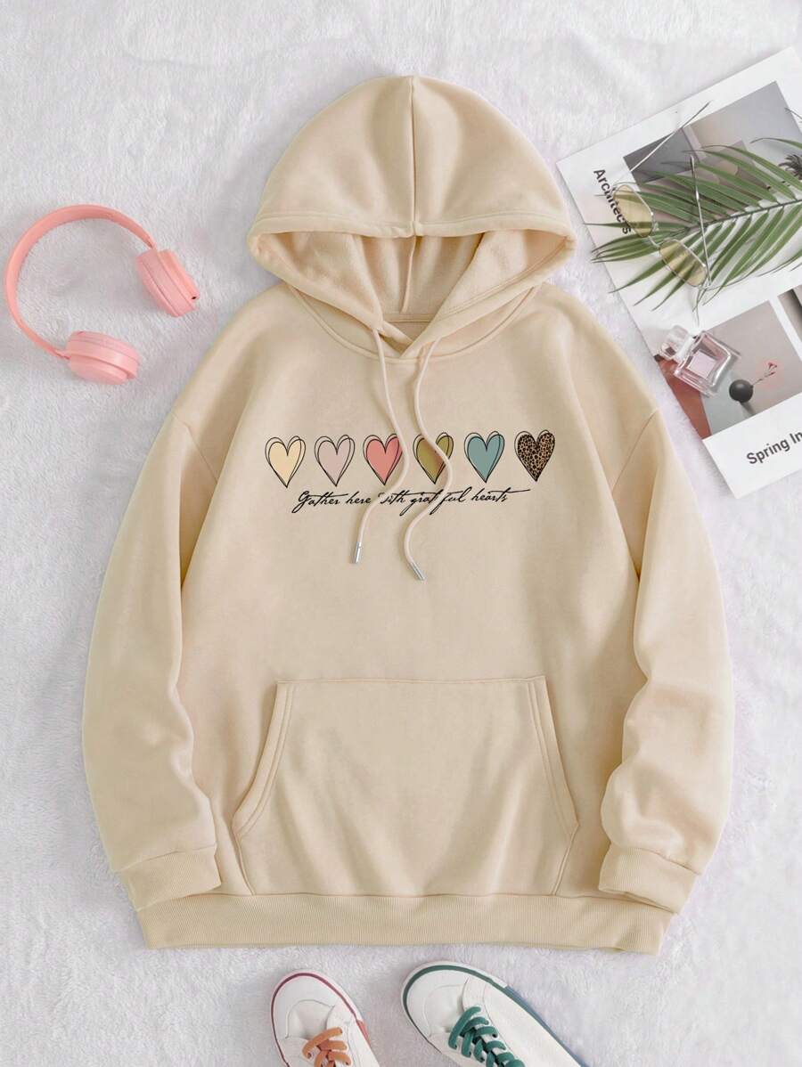 SHEIN EZwear Áo nỉ giữ nhiệt cỡ lớn in hình trái tim, có túi kangaroo và dây rút. - Màu be - Xem 1