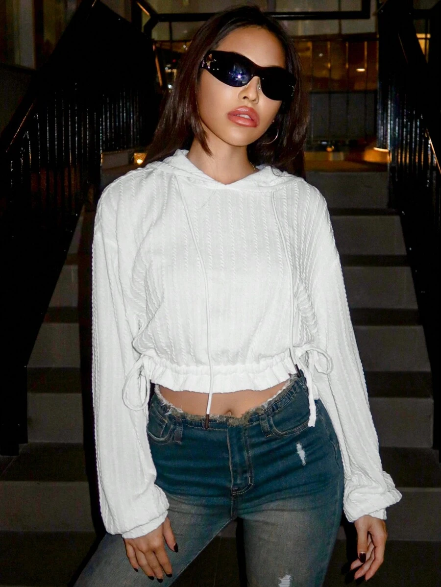 SHEIN ICON Drop Shoulder Drawstring Hoodie - White - View 1