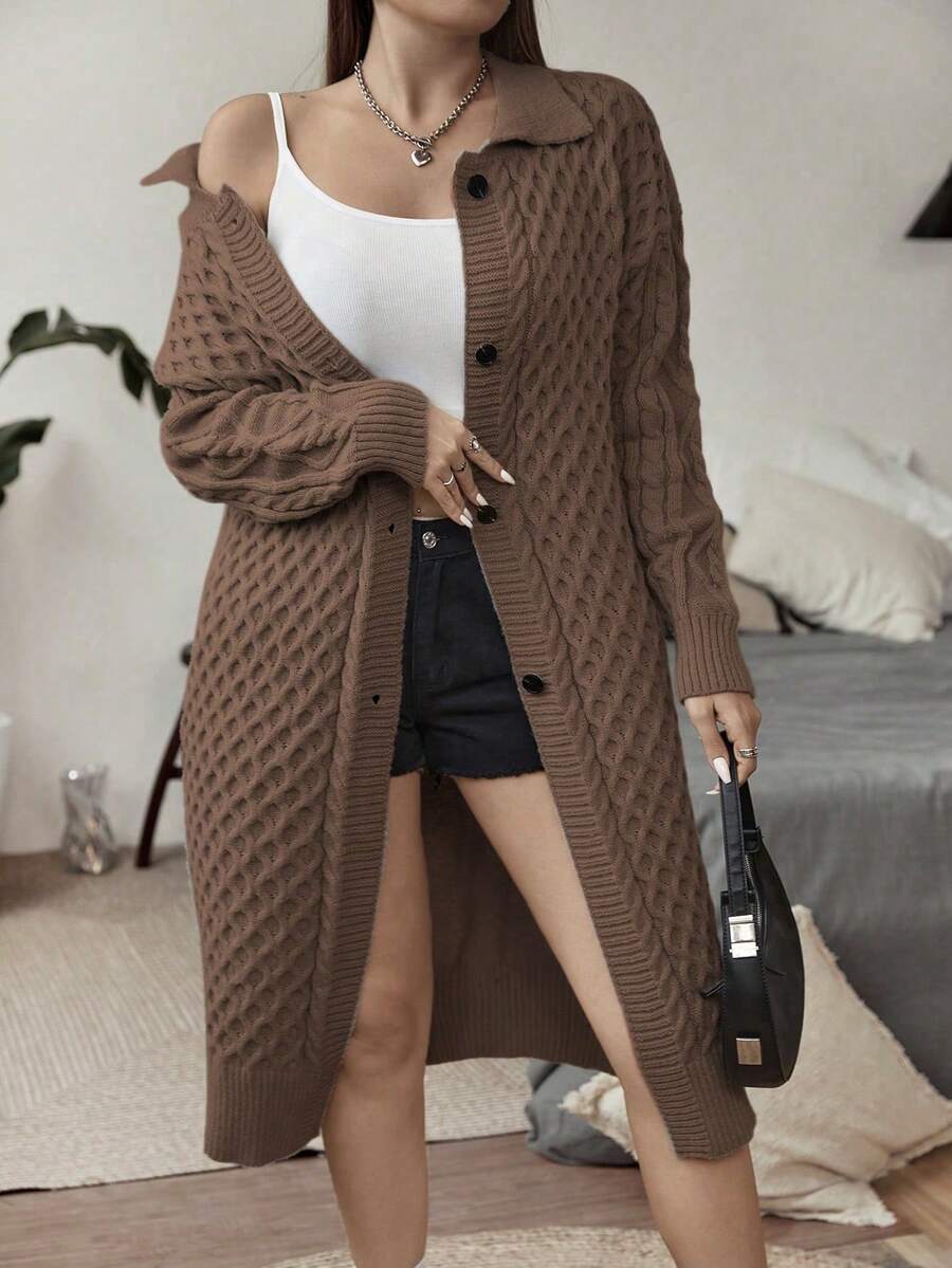 Flirla áo hở cổ kích thước lớn Nút phía trước màu trơn Giải trí - Màu Tím - Xem 1