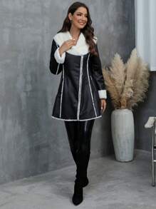 RELISH NOLESS Áo khoác da giả lông thú không đối xứng có khóa kéo dành cho nữ, Thu/Đông - màu đen - Xem 5