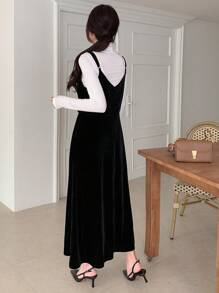 DAZY Solid Velvet Cami Dress Without Tee Fall,Winter - Black - View 2