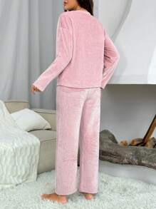 Women's Cherry & Letter Embroidery Pajama Set - Pink - View 2
