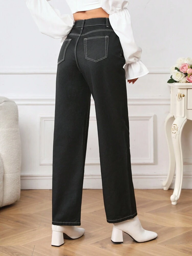Solid Color High-Waisted Straight Leg Pants