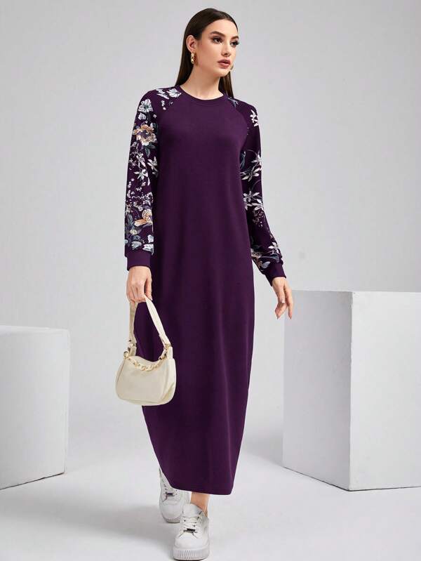 Mulvari Women's Floral Pattern Printed Modest Long Sleeve Dress