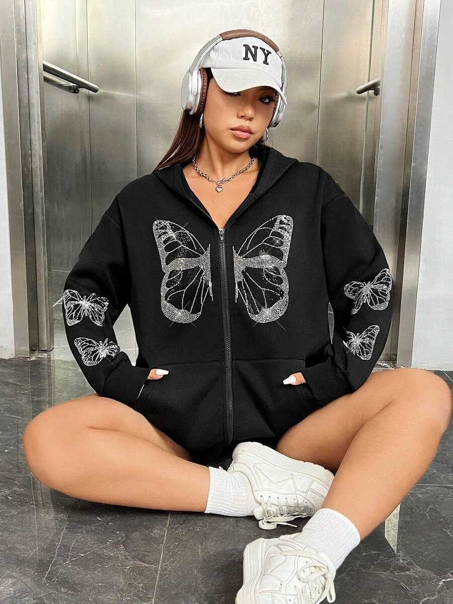 SHEIN EZwear Talla grande Capucha con cremallera con diamante de imitación con estampado de mariposa de hombros caídos - Negro - Ver 1