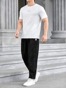 Manfinity RebelGame Men Letter Patched Detail Drawstring Waist Pants - Black - View 6