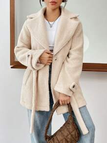 Muchica Cổ áo Thắt lưng Áo khoác Teddy - Màu be - Xem 1