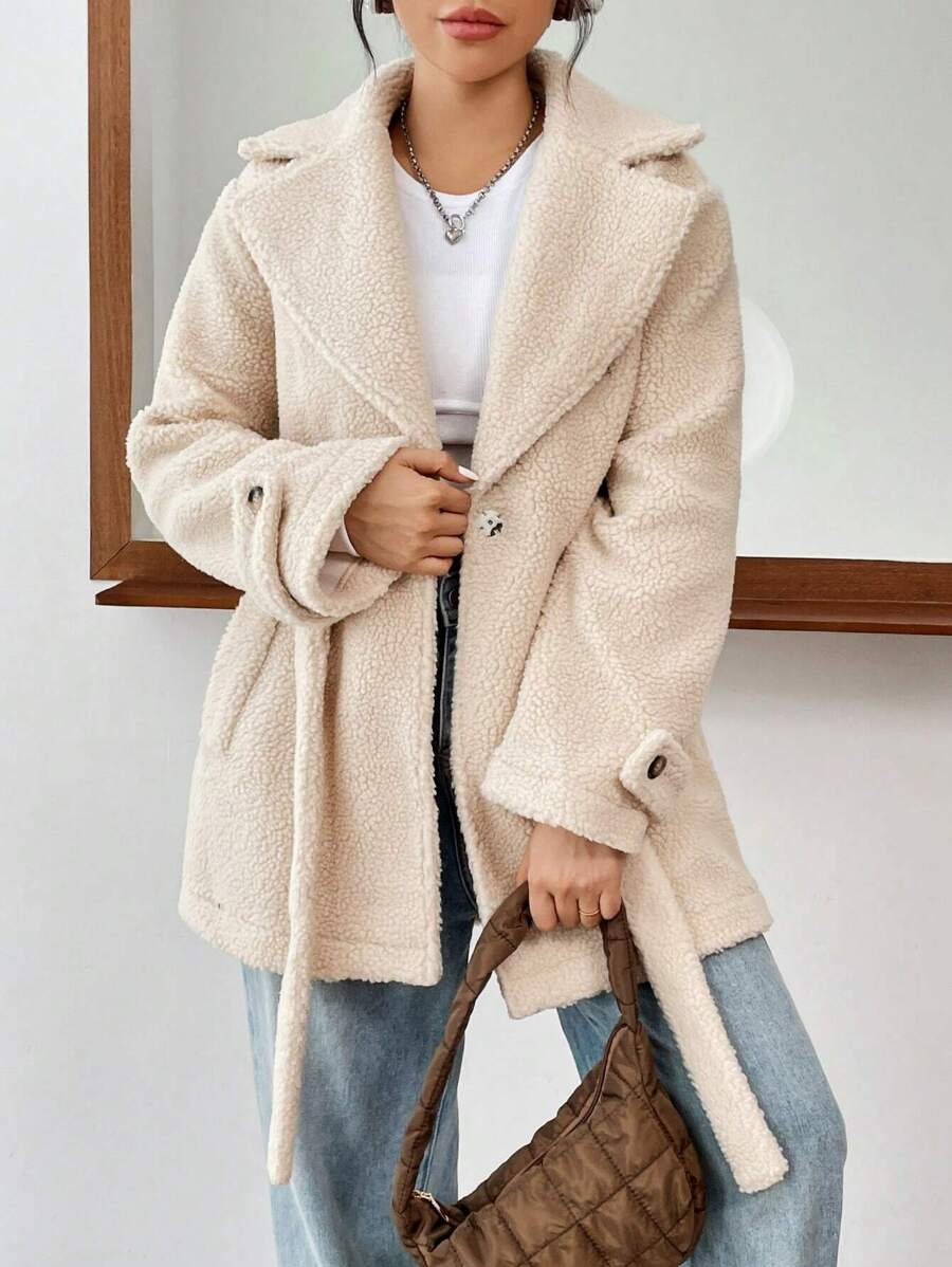 Muchica Cổ áo Thắt lưng Áo khoác Teddy - Màu be - Xem 1