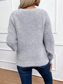 SHEIN LUNE 纯色落肩针织套头衫，适合秋冬季穿着 - 淺灰色 - 查看 2