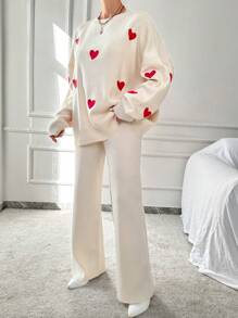 EURMUSE Heart Pattern Drop Shoulder Sweater & Knit Pants - White - View 4