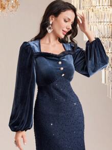 Modelyn 甜心領毛絨邊燈籠袖亮片細節連衣裙 - 藍色 - 查看 3
