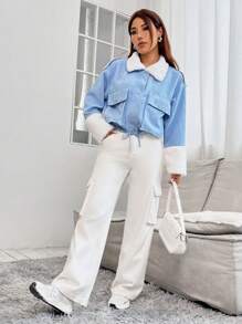 SHEIN Unity 羊絨領口翻蓋口袋落肩袖抽繩下擺夾克 - 藍色 - 查看 4