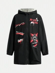 SHEIN Tween Boy Slogan & Cartoon Graphic Teddy Lined Hooded Coat Without Tee - Black - View 3