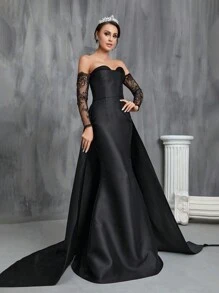 Contrast Lace Off Shoulder Floor Length Wedding Dress - Black - View 4