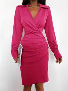 EURMUSE Women's V-neck Wrap Front Ruched Bodycon Dress - Hot Pink - View 4